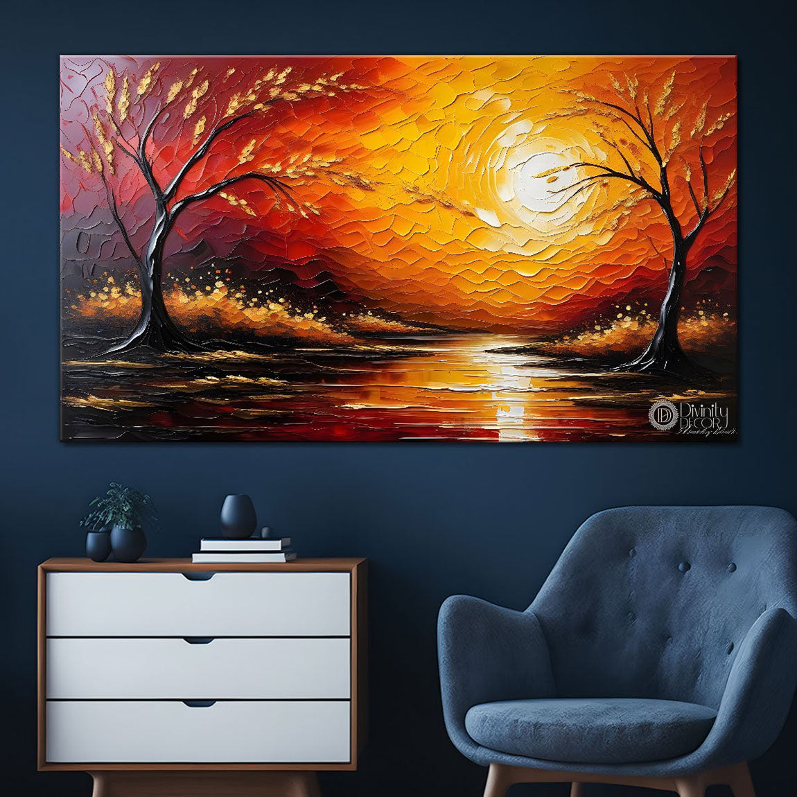 Sunrise with trees painting Canvas Painting - Nature Art -780