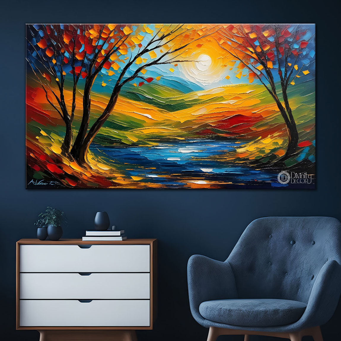 Trees with the lake painting Canvas Painting - Nature Art -783