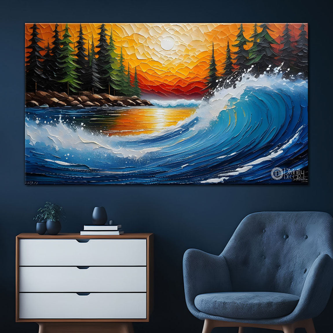 Waves with sunset textured Canvas Painting - Nature Art -784
