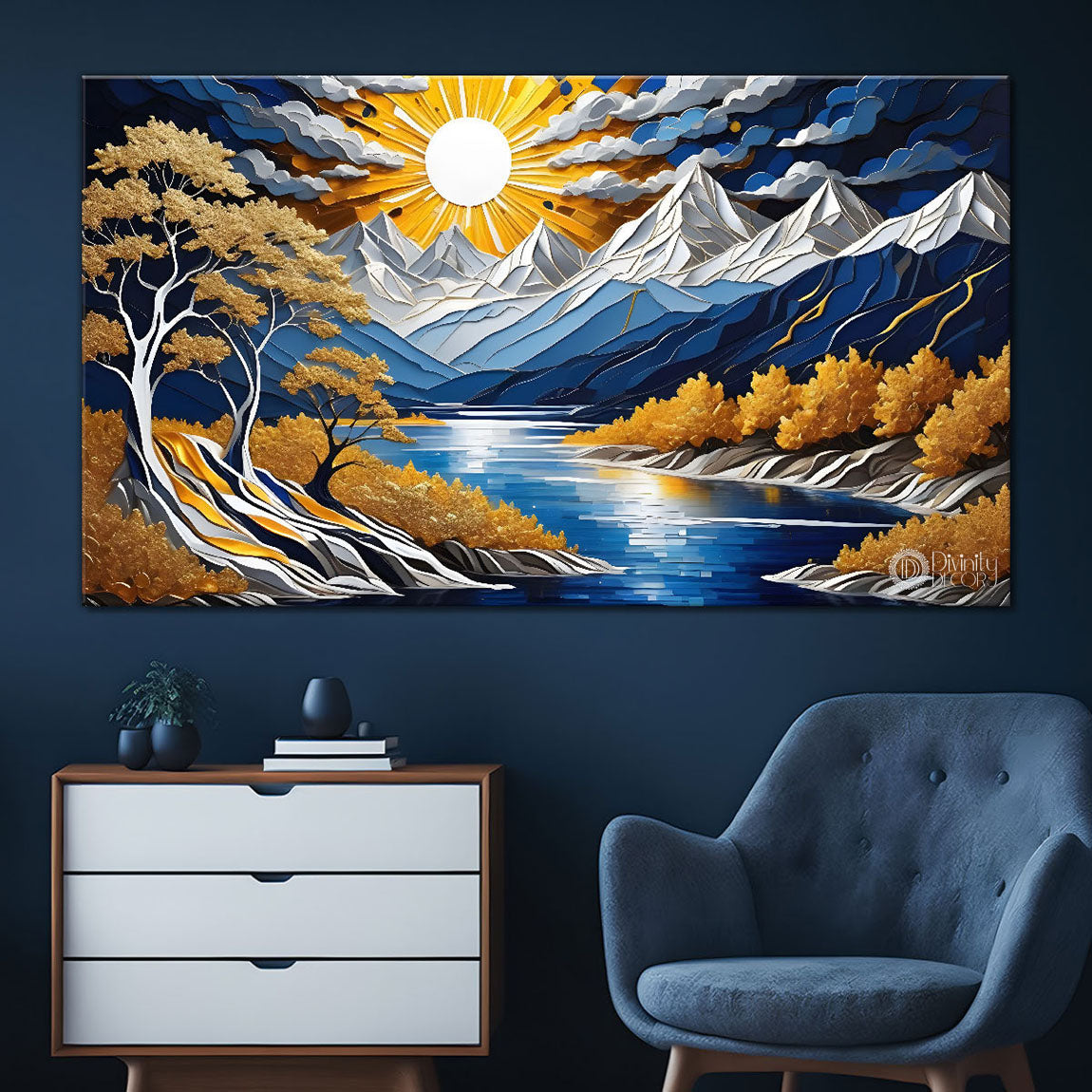 Blue mountains with the sun and trees Canvas Painting - Nature Art -787