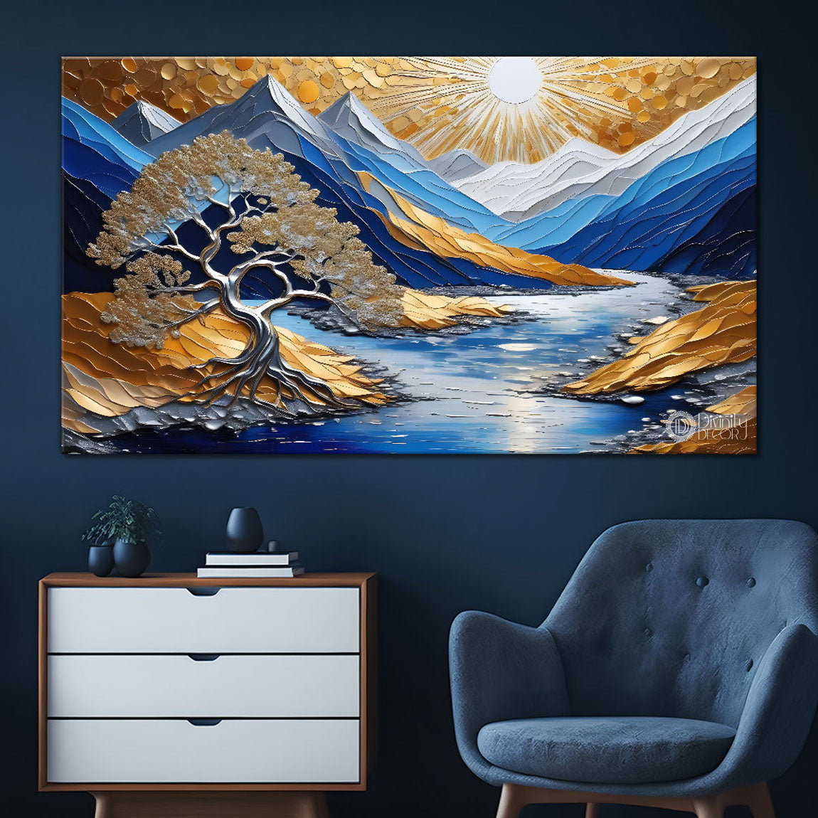 Blue mountains with the sun and trees Canvas Painting - Nature Art -792