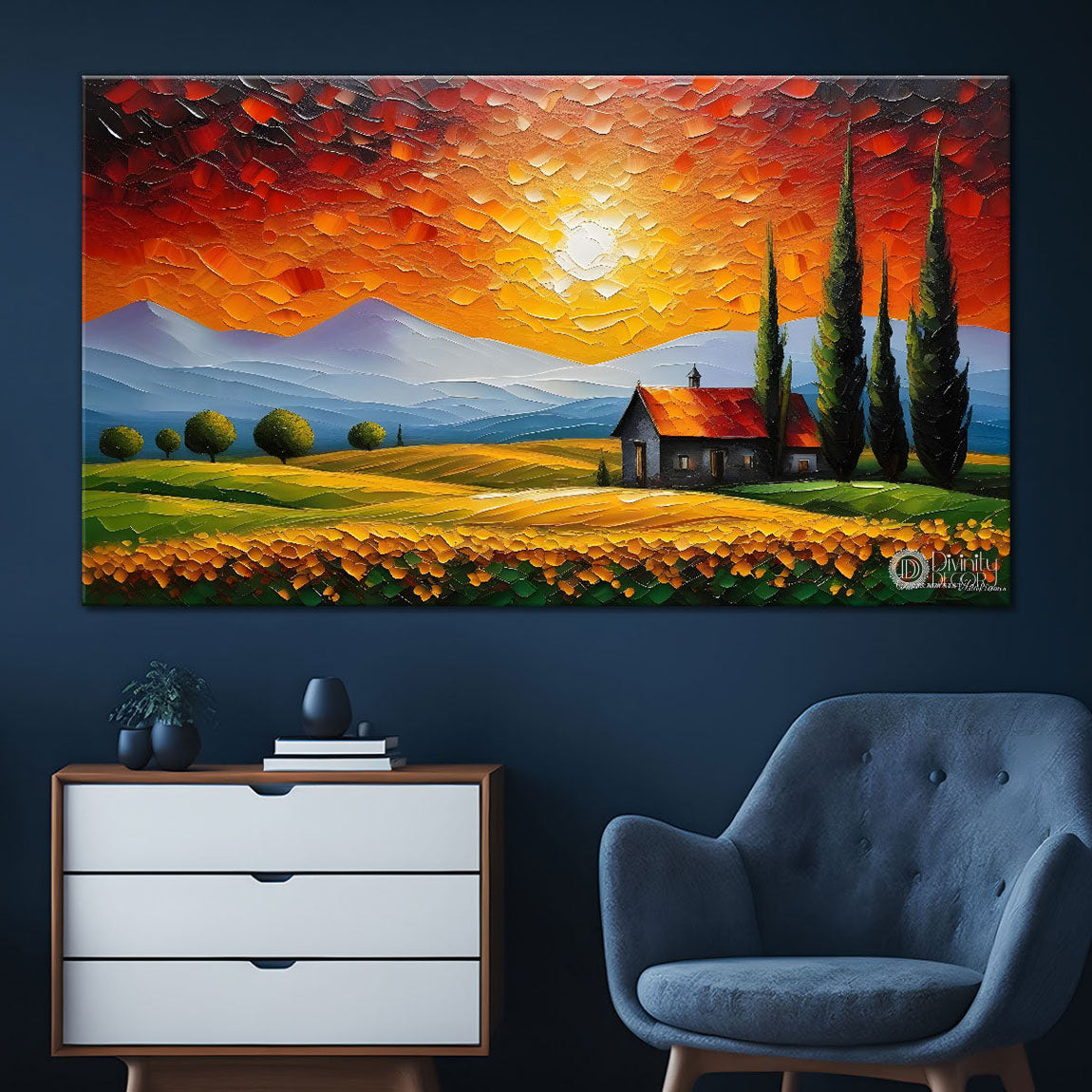 Mountains with the sunset and trees painting Canvas Painting - Nature Art -794