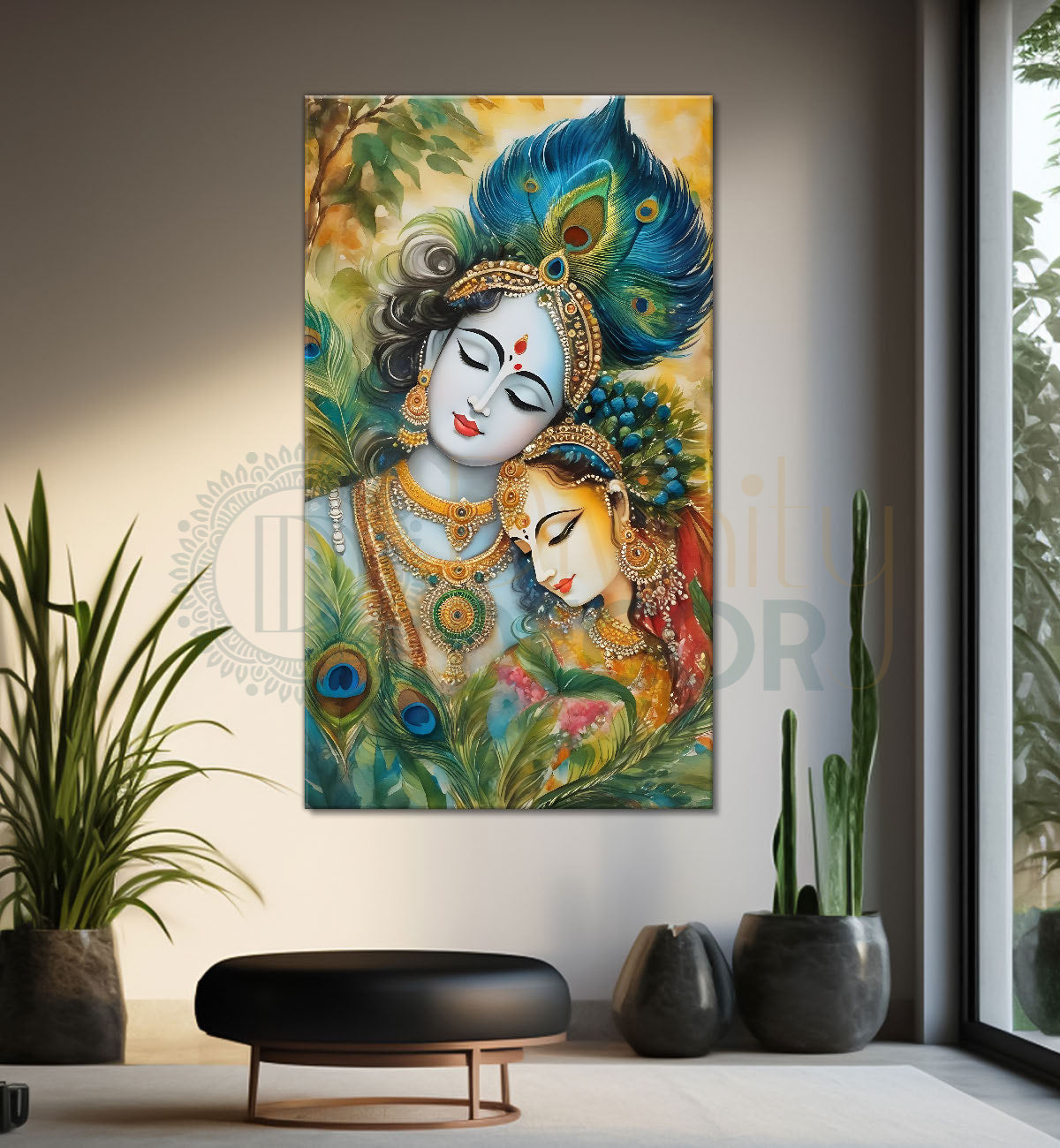 Blue face of krishna with radha in colourful background textured art Canvas Painting - Design - Krishna-V-79
