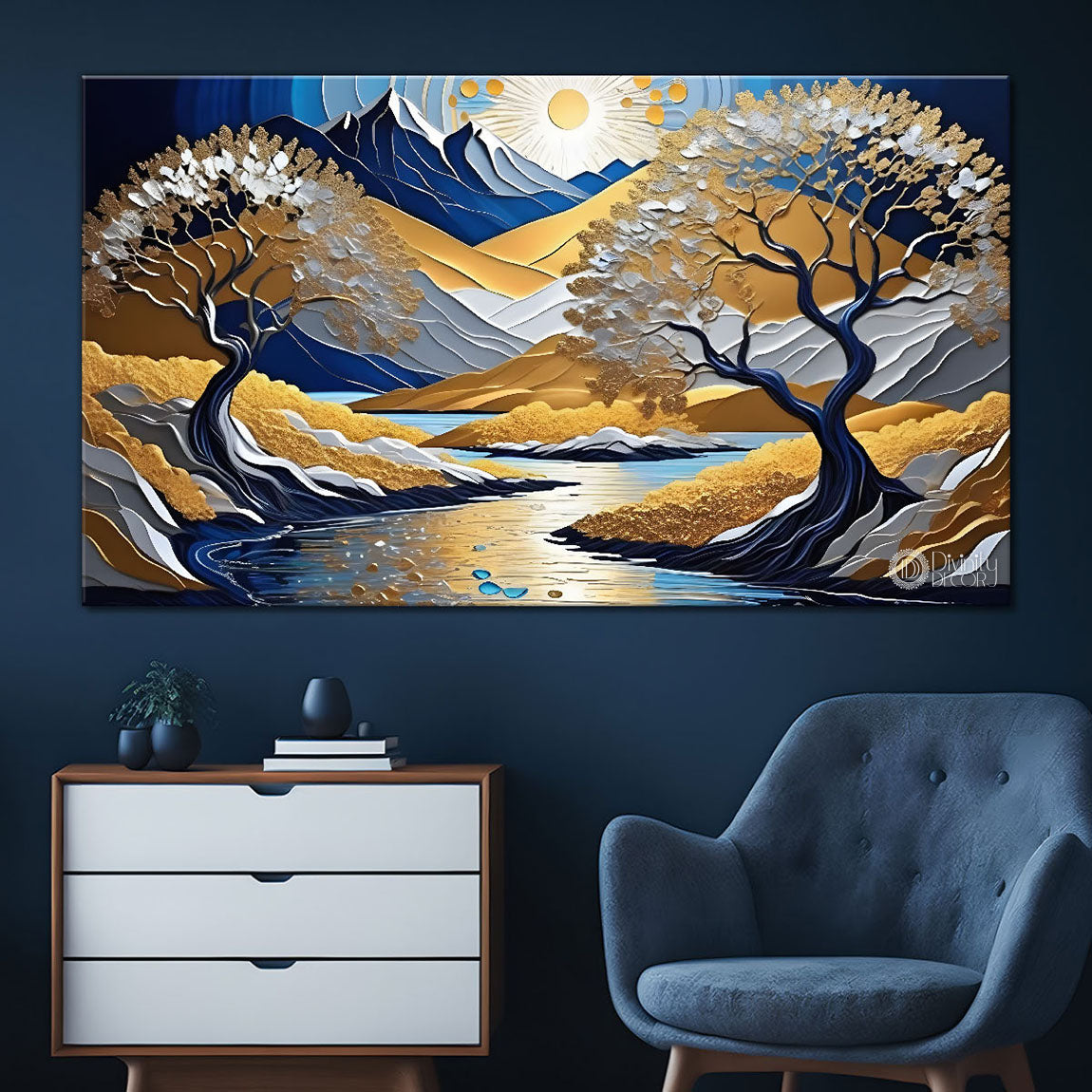 Blue mountain with tree and river painting Canvas Painting - Nature Art -800