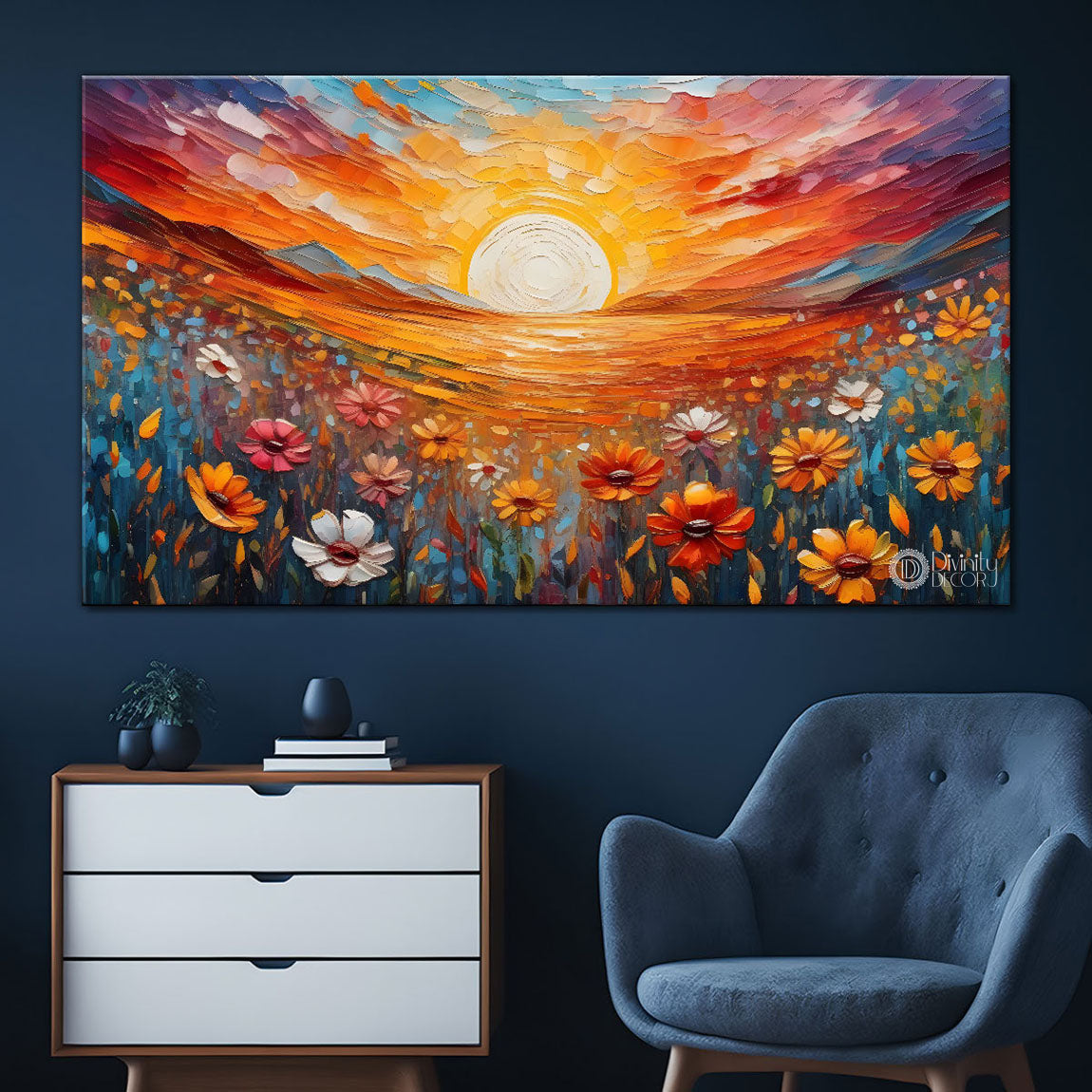 Sunset with flowers painting Canvas Painting - Nature Art -801