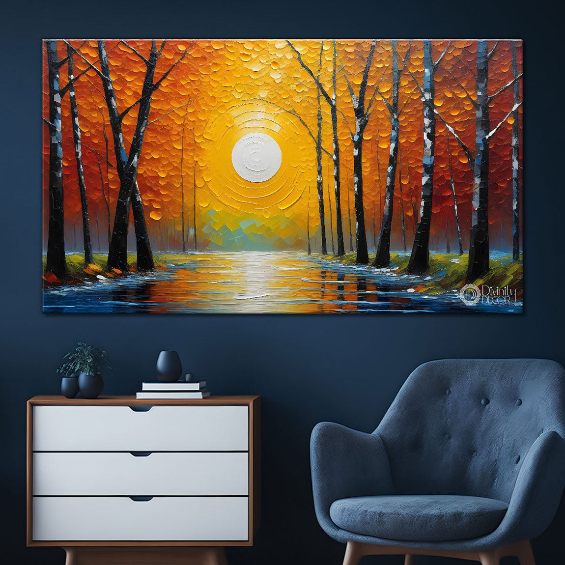 Trees with the lake and sun painting Canvas Painting - Nature Art -804