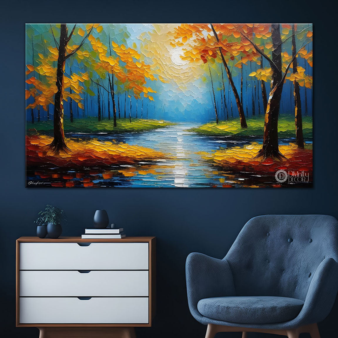 Orange trees with the lake painting Canvas Painting - Nature Art -808