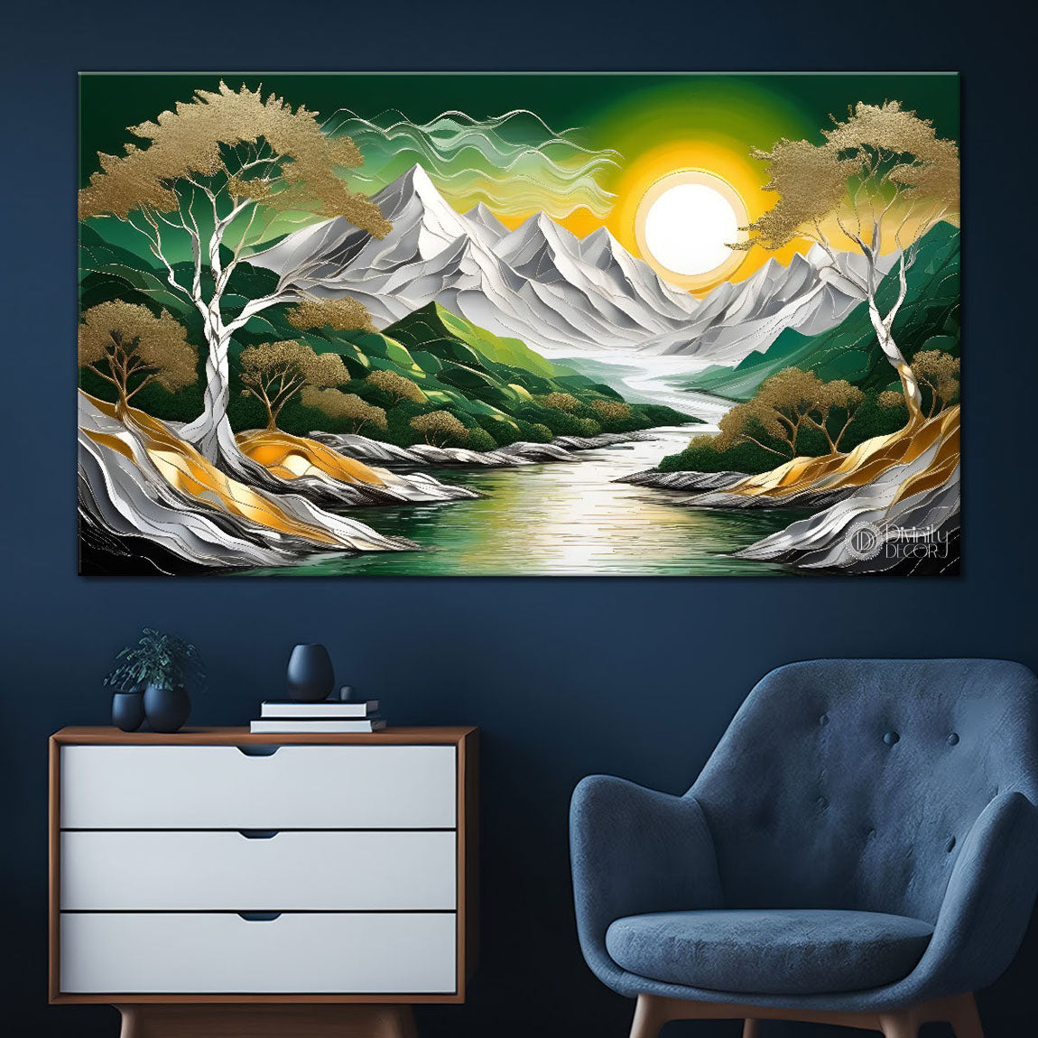 Green mountains with sun and trees painting Canvas Painting - Nature Art -809