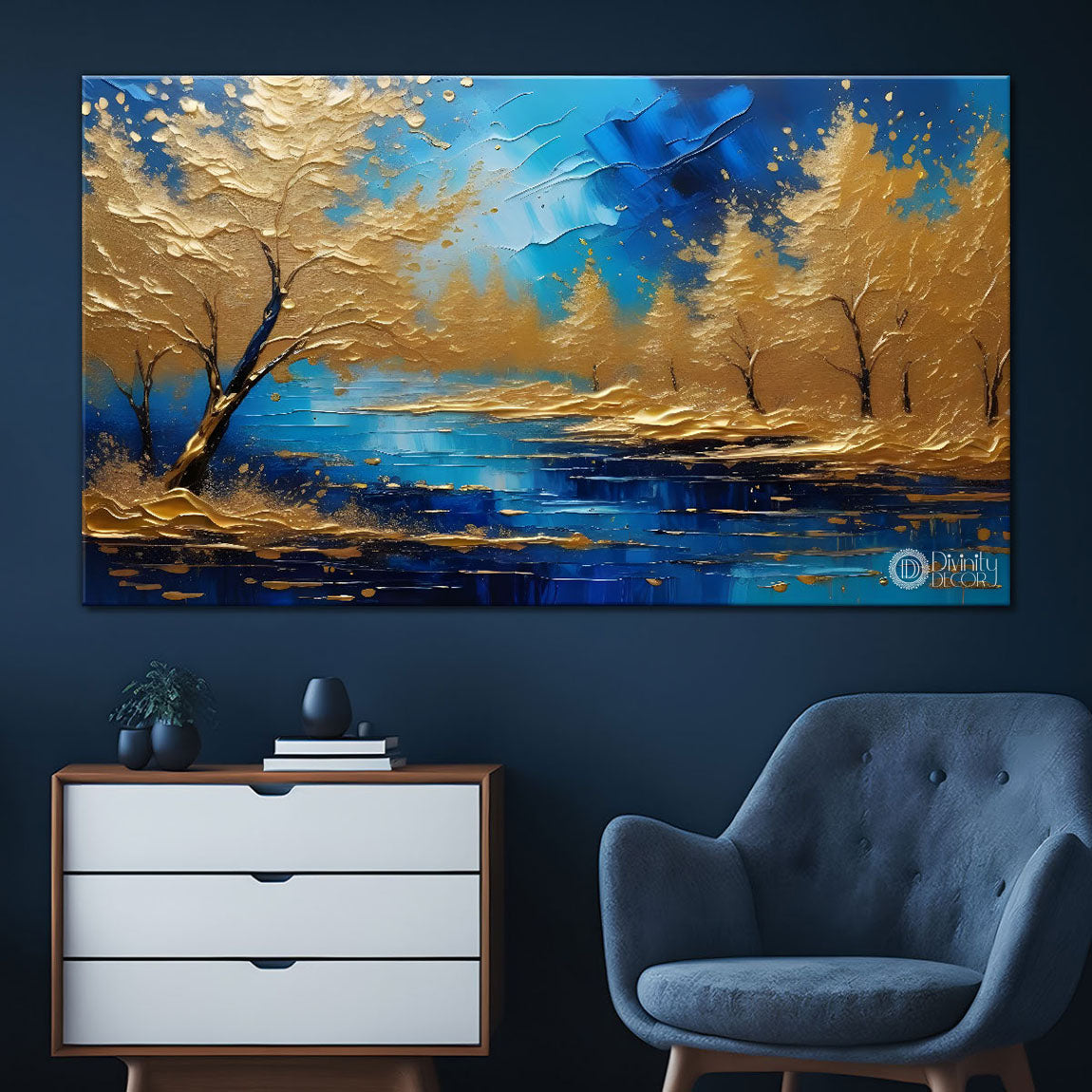 Golden trees with the lake painting Canvas Painting - Nature Art -812