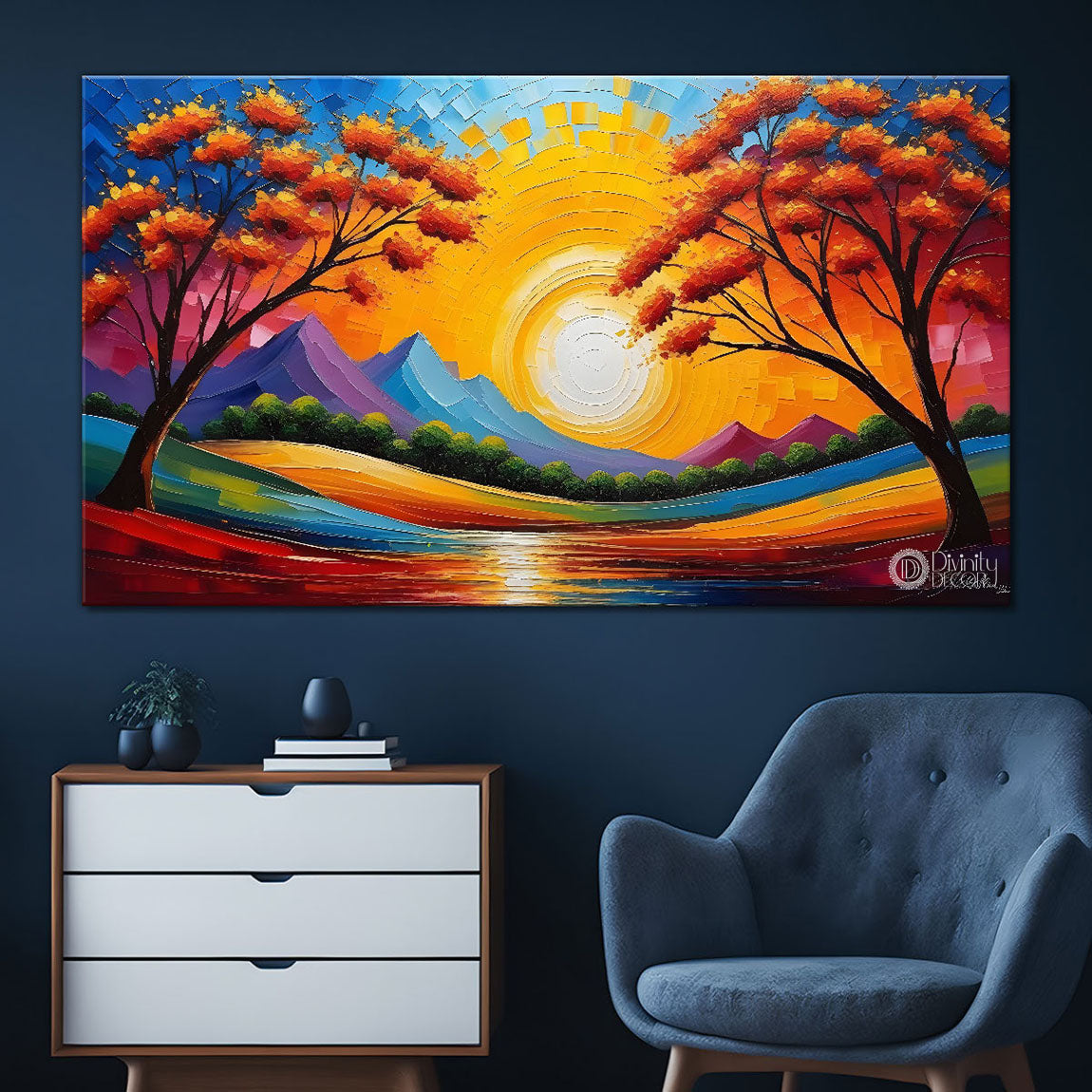 Orange trees with the sun painting Canvas Painting - Nature Art -813
