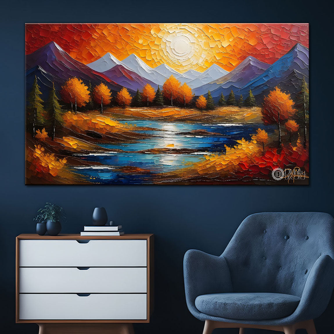 Mountains with the lake and trees painting Canvas Painting - Nature Art -814