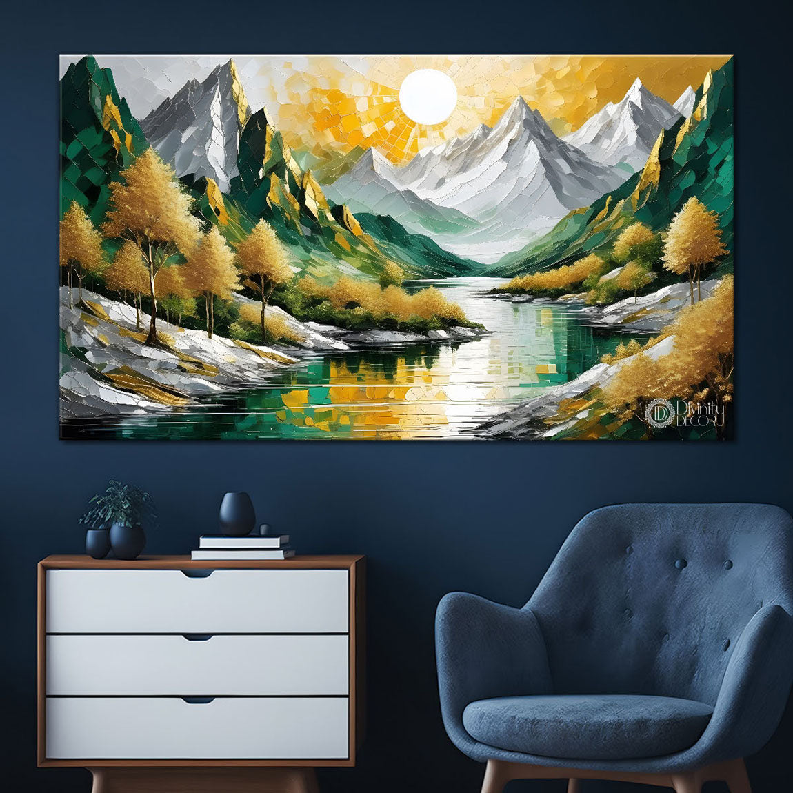 Green mountains with sun and trees painting Canvas Painting - Nature Art -820