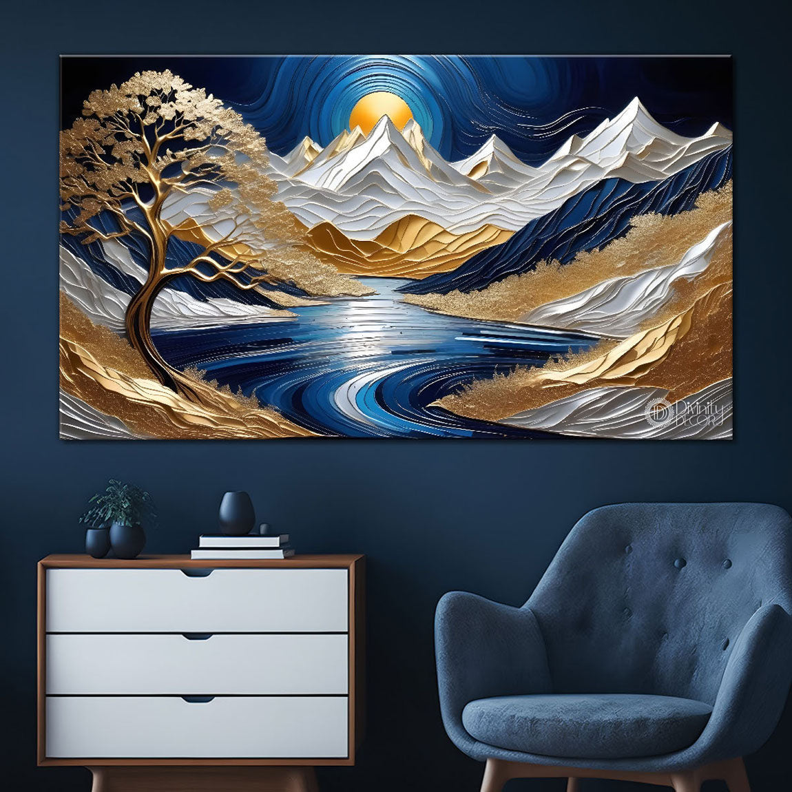 Blue mountains with the tree and the lake painting Canvas Painting - Nature Art -826