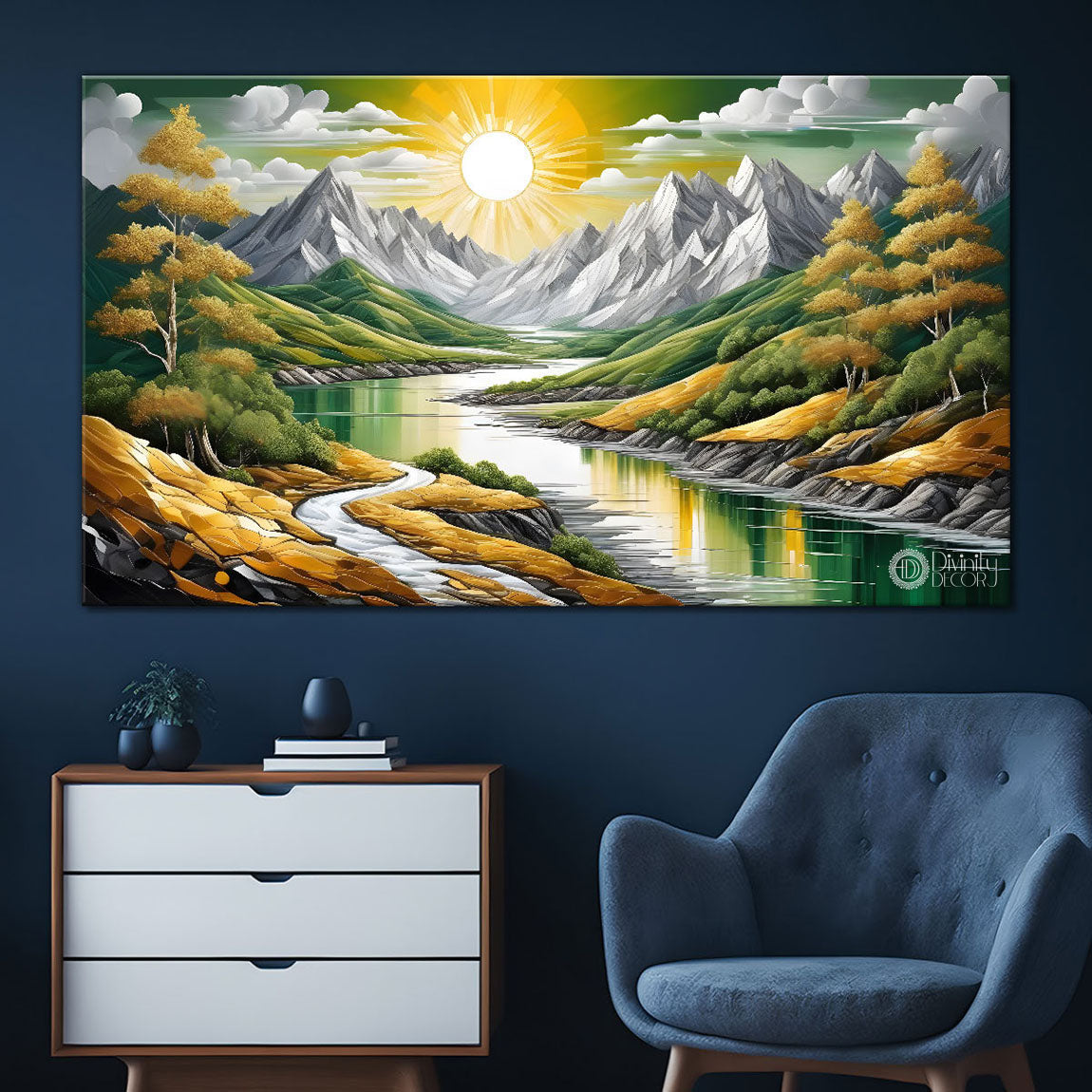Green mountains with sun and trees painting Canvas Painting - Nature Art -827