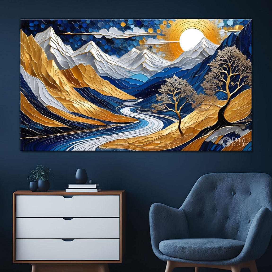Blue mountains with the tree and the lake painting Canvas Painting - Nature Art -831