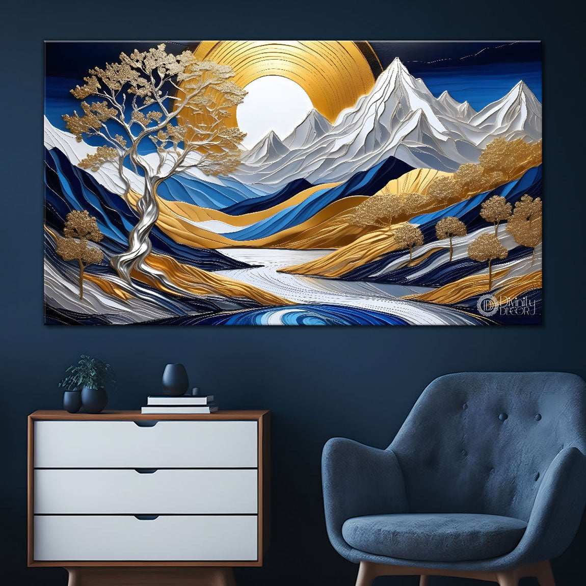 Blue mountains with the tree and the lake painting Canvas Painting - Nature Art -833