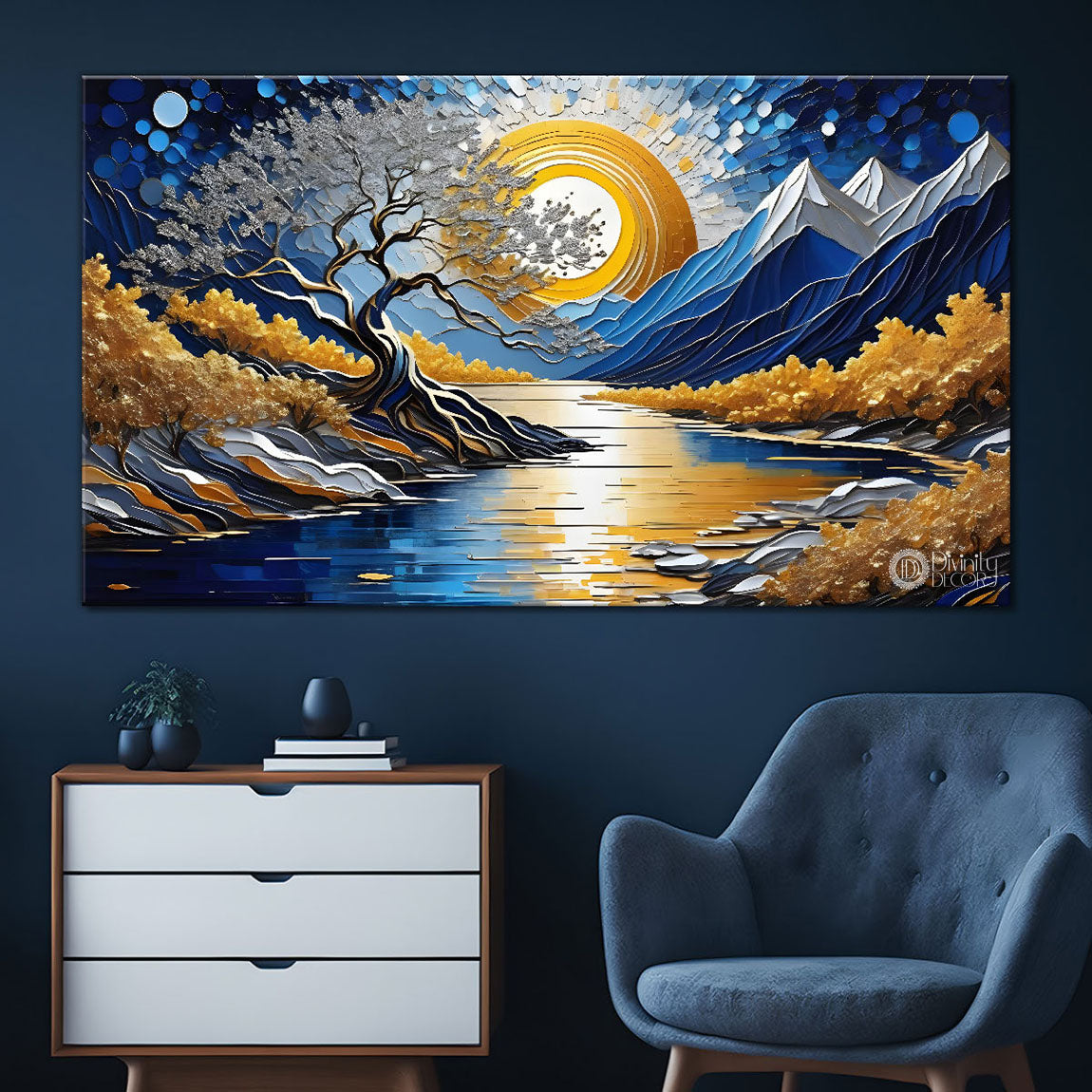 Blue mountains with the tree and the lake painting Canvas Painting - Nature Art -834