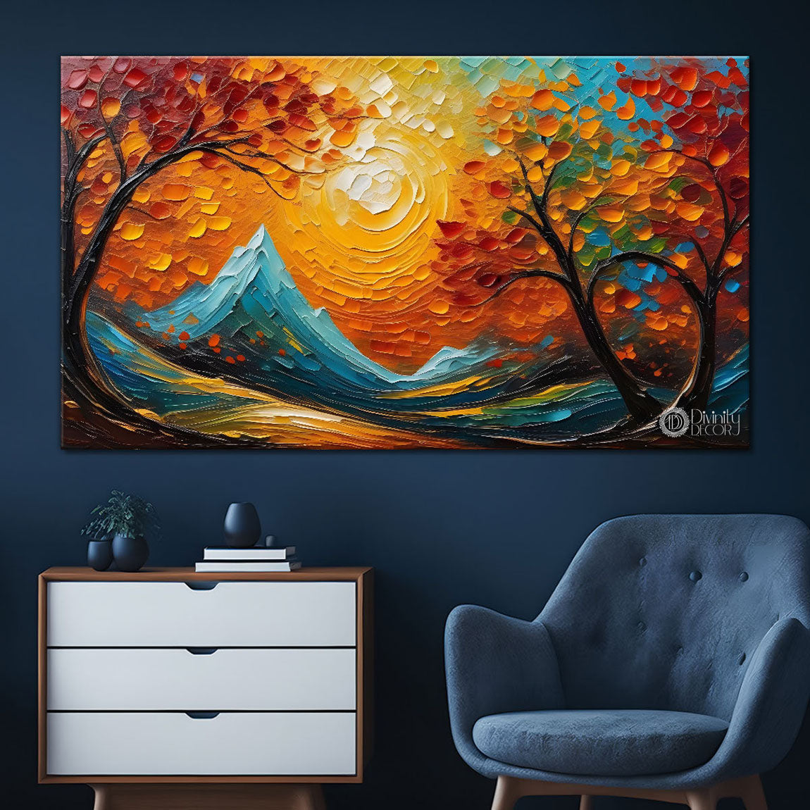 Orange trees with the mountains painting Canvas Painting - Nature Art -840