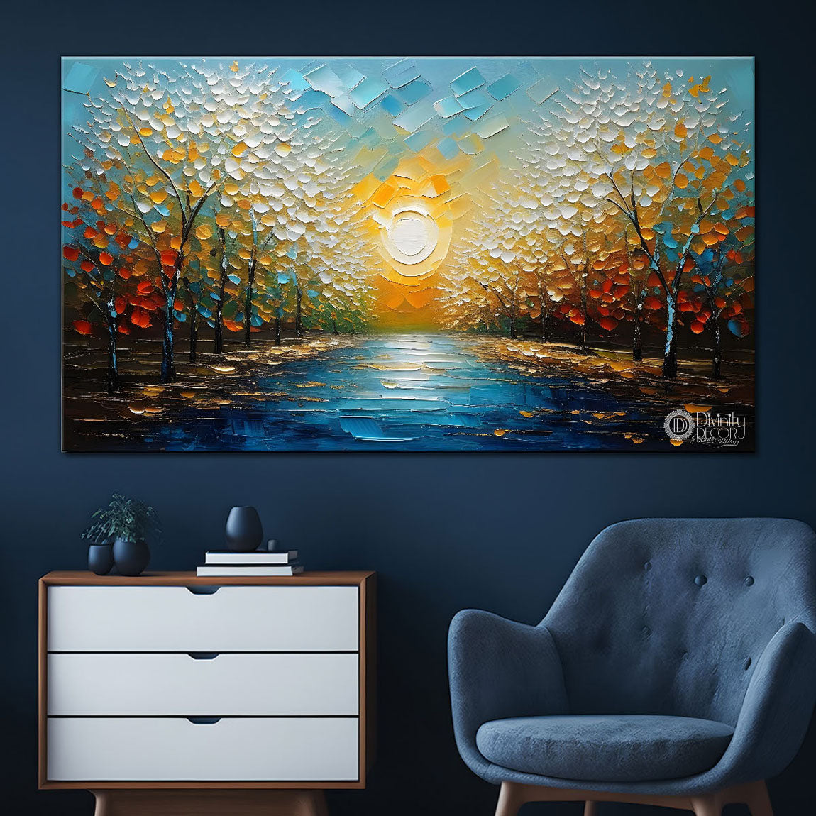 Trees with the sun and river painting Canvas Painting - Nature Art -842