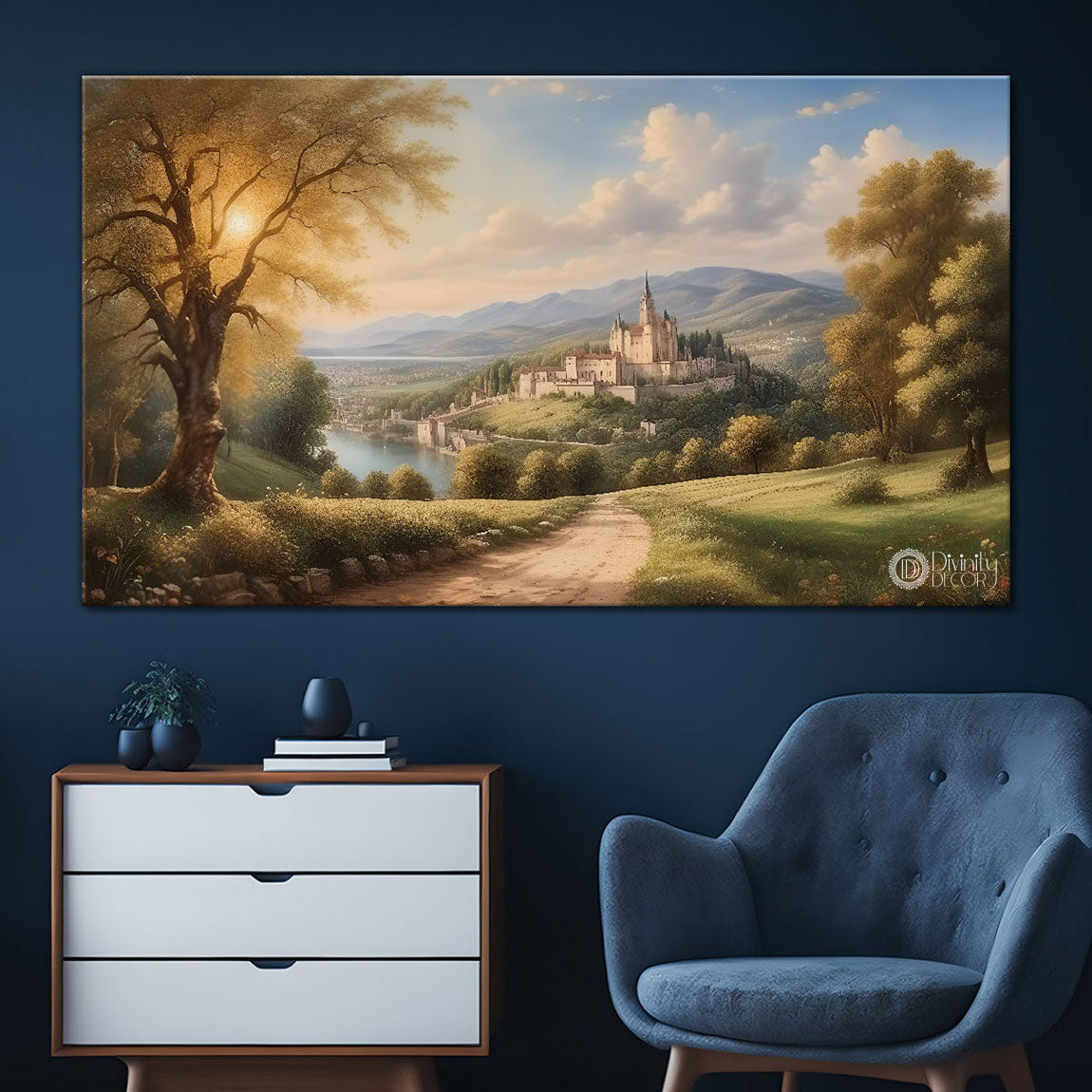 Castle with greenery and lake painting Canvas Painting - Nature Art -851