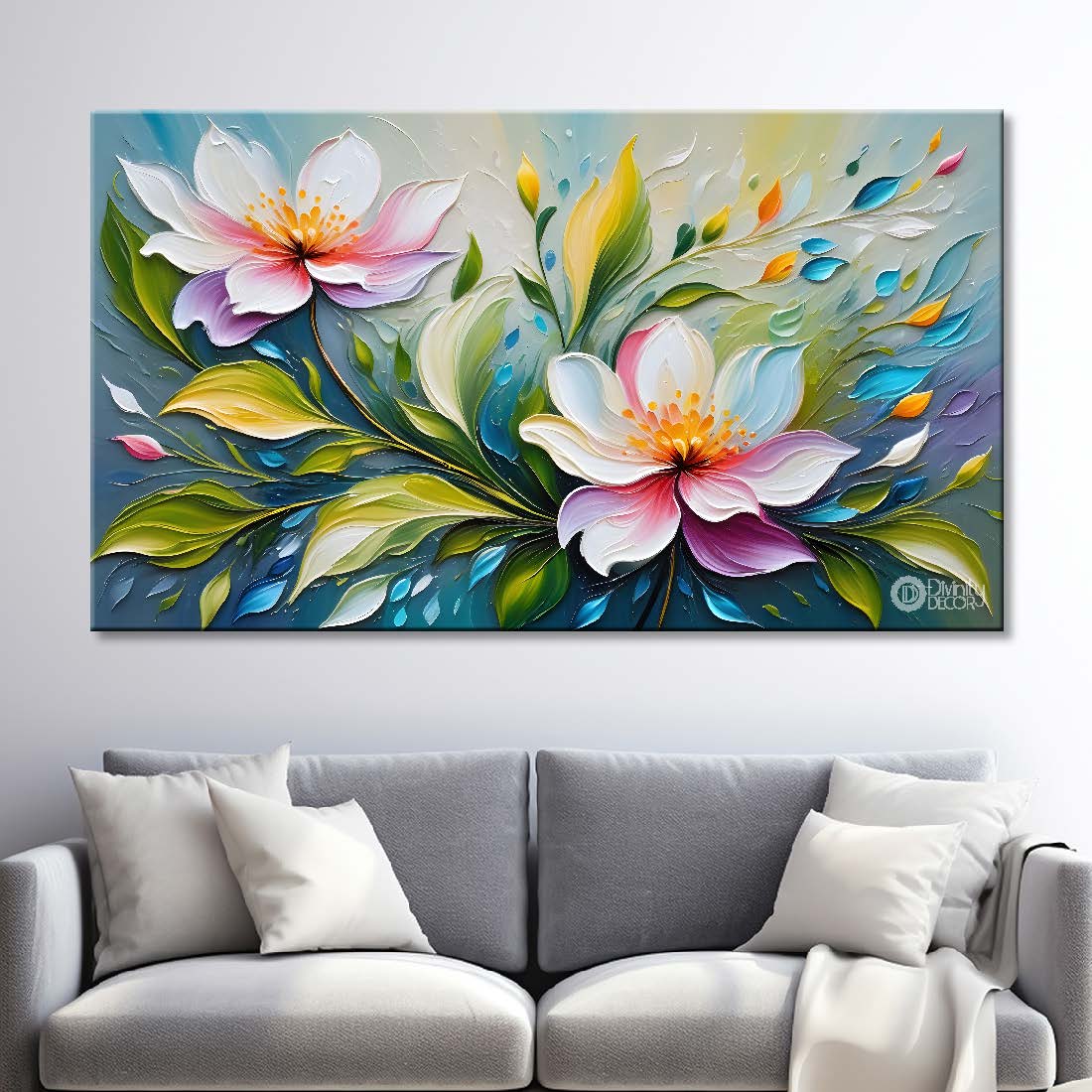 White flowers with green leaves textured painting - Design - Flower-1