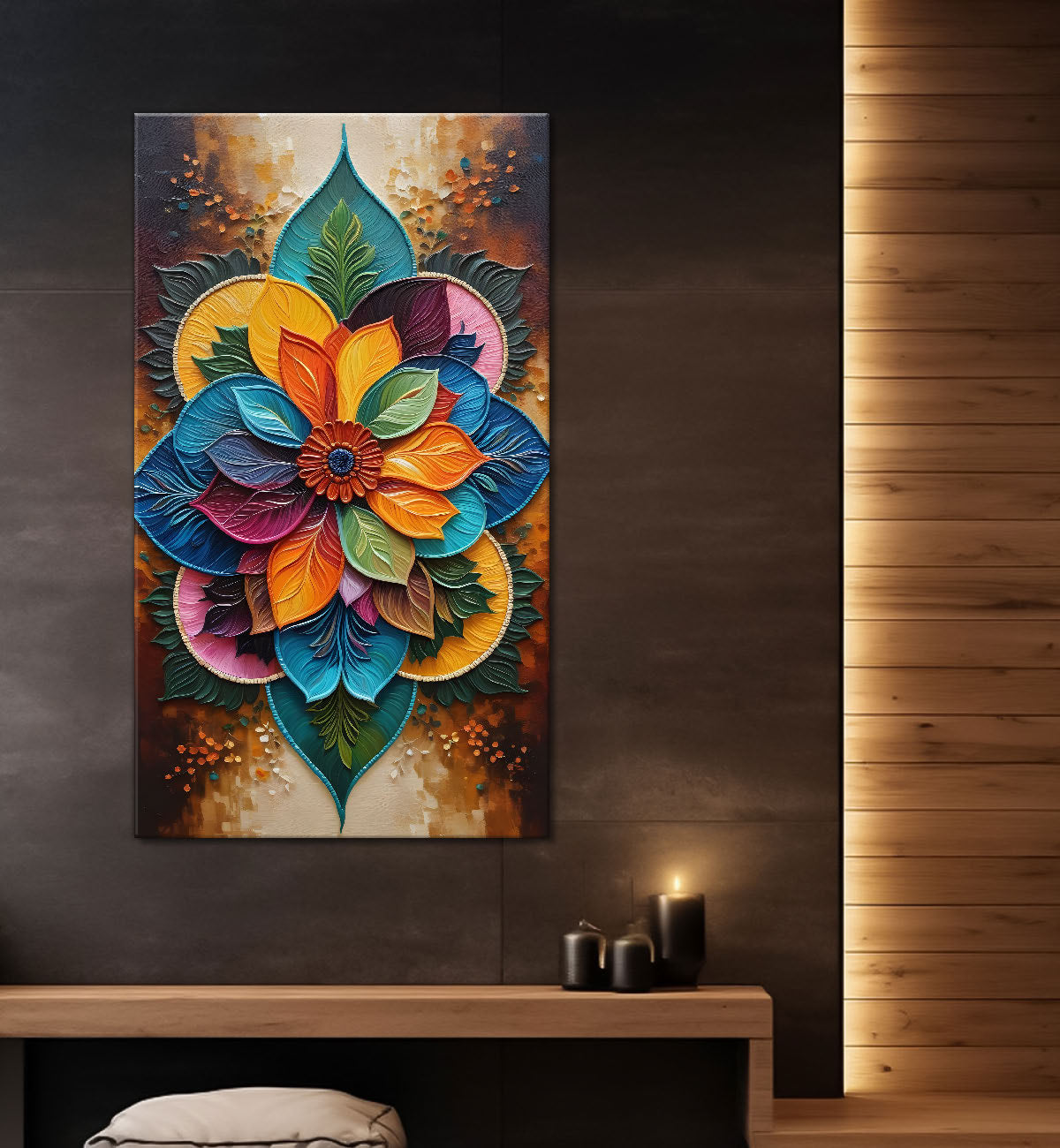 Colourful flower in mandala design textured canvas painting- Flower-V-1