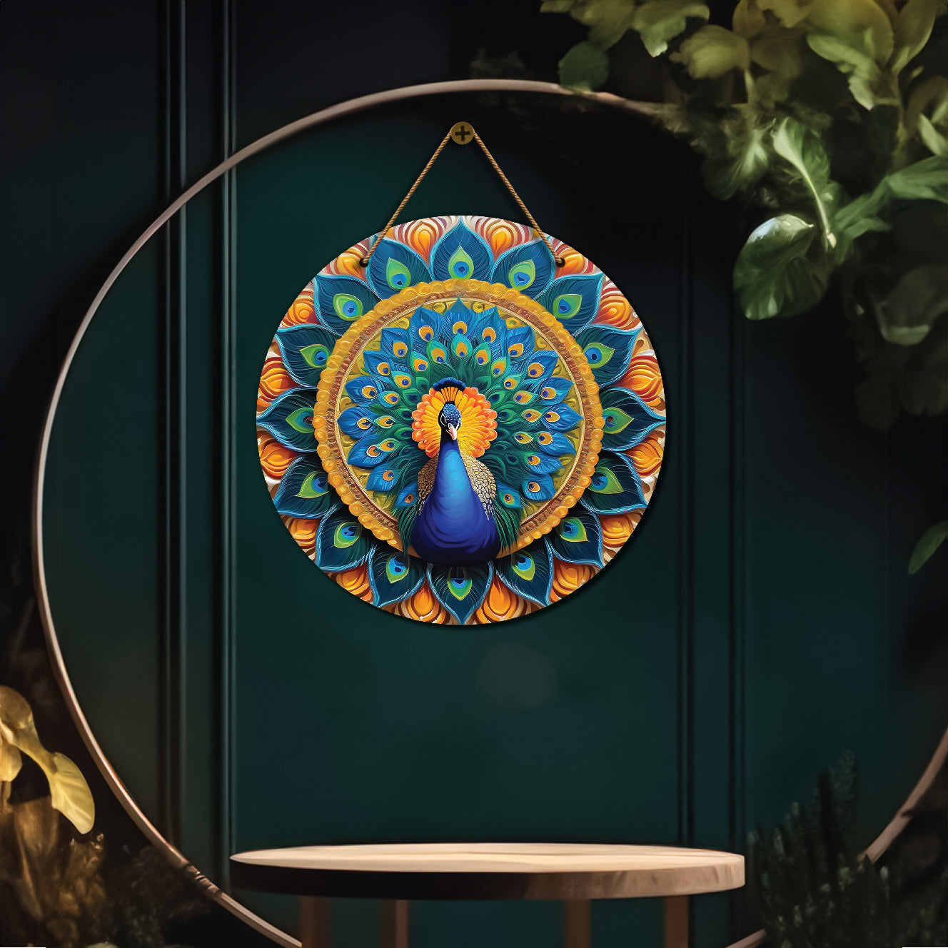 Peacock in green and golden mandala Round Wooden Wall Hanging for wall Décor - Design - 01