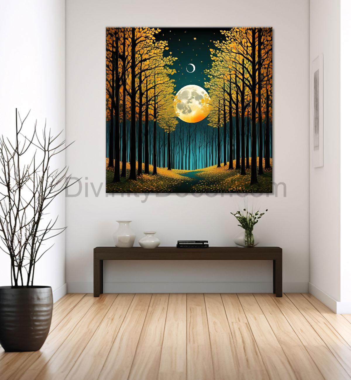 Golden tree with moon in dark green background natural art Canvas Painting 24X24 - Nature Art -S-1
