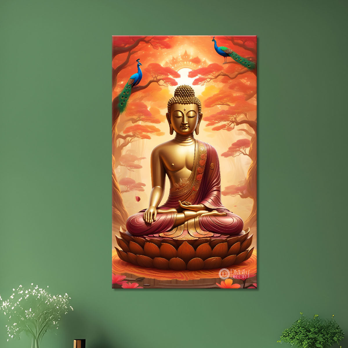 Golden buddha sitting on lotus with trees,peacock and orange background textured painting Canvas Wall Painting - Buddha-V-1