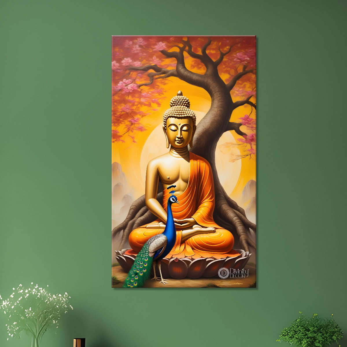 Golden buddha sitting on lotus with trees,peacock and orange background textured painting - Buddha-V-2