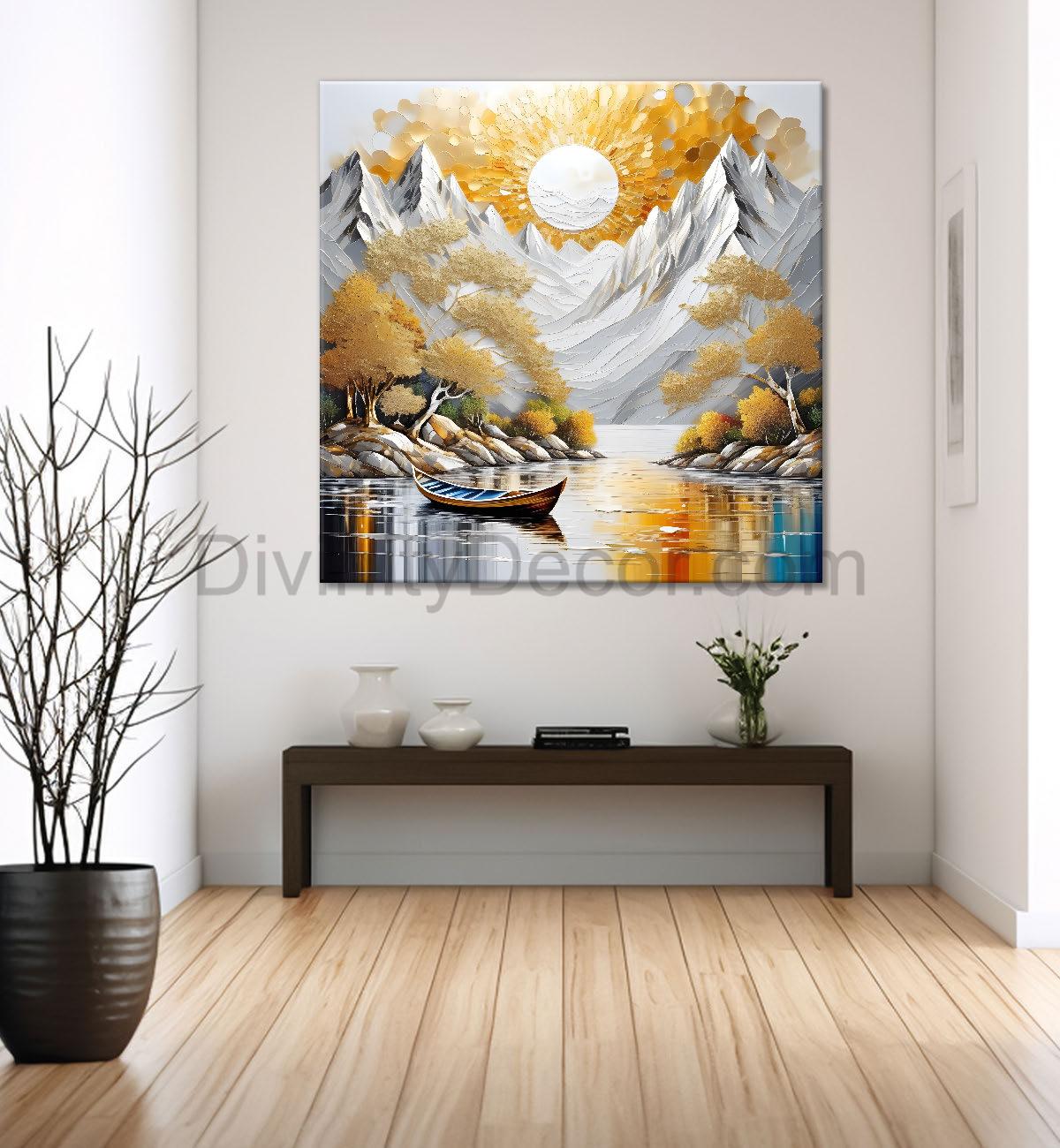 Golden tree with white mountains and sun natureal art Canvas Painting 24X24 - Nature Art -S-2