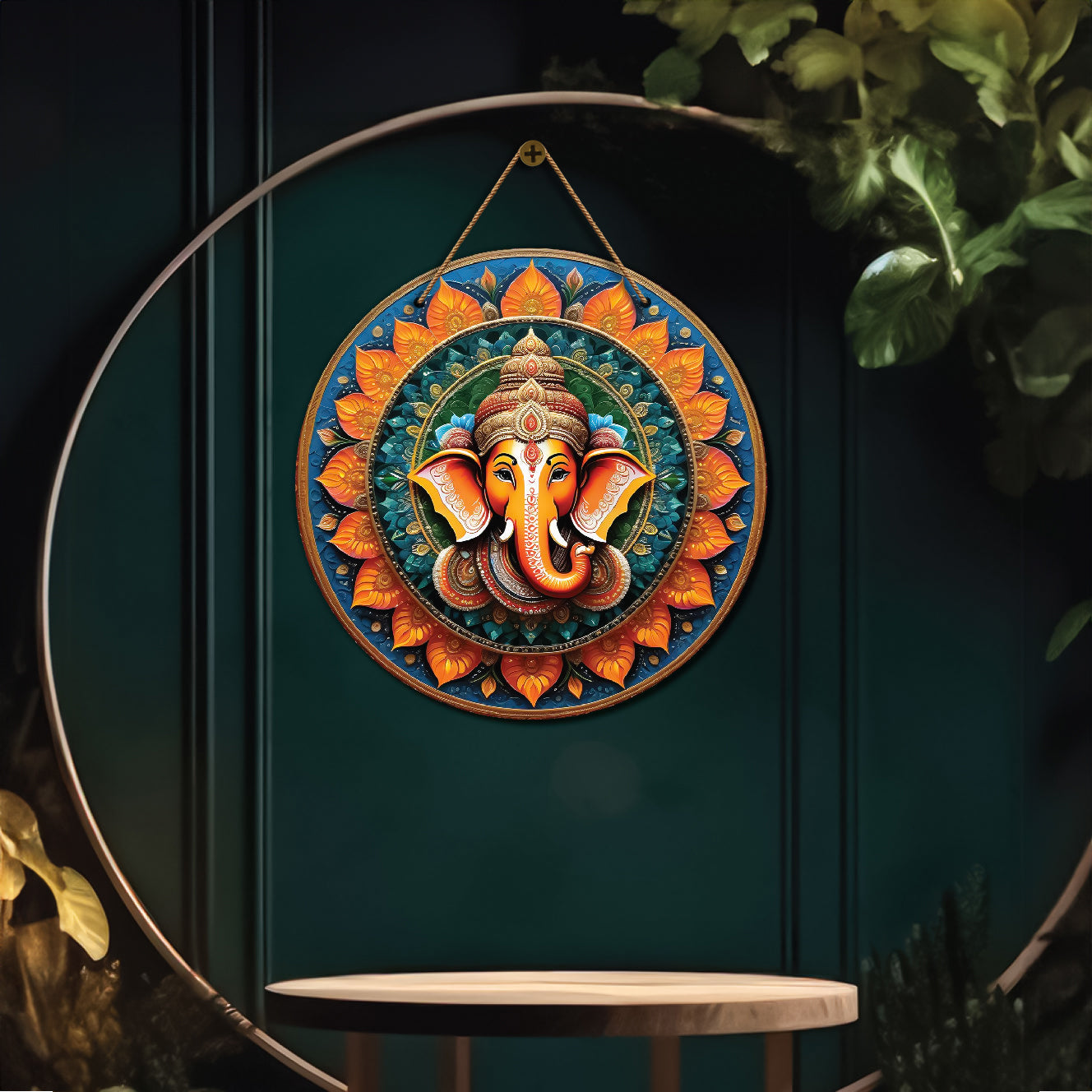 Ganesh Ji in orange and green mandala Round Wooden Wall Hanging for wall Décor - Design - 03