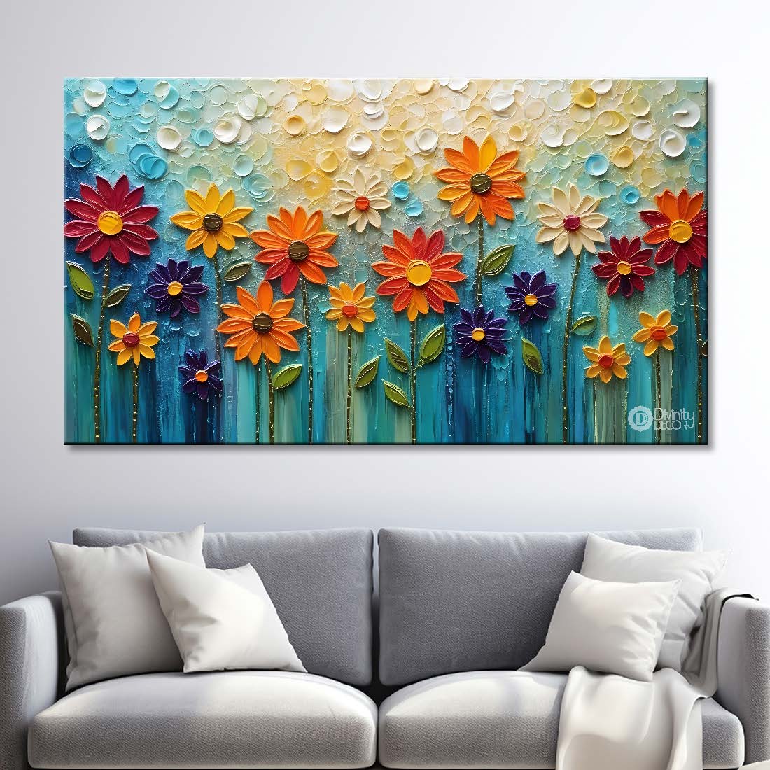 Colorful flowers textured painting with blue background - Design - Flower-4