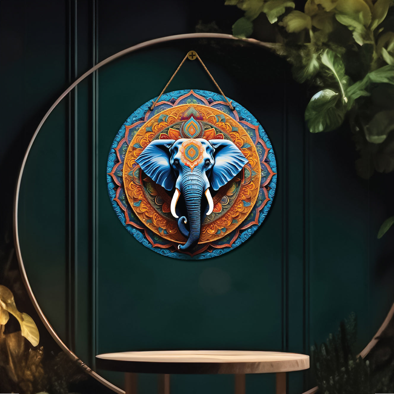 Elephant in orange and blue mandala Round Wooden Wall Hanging for wall Décor - Design - 04