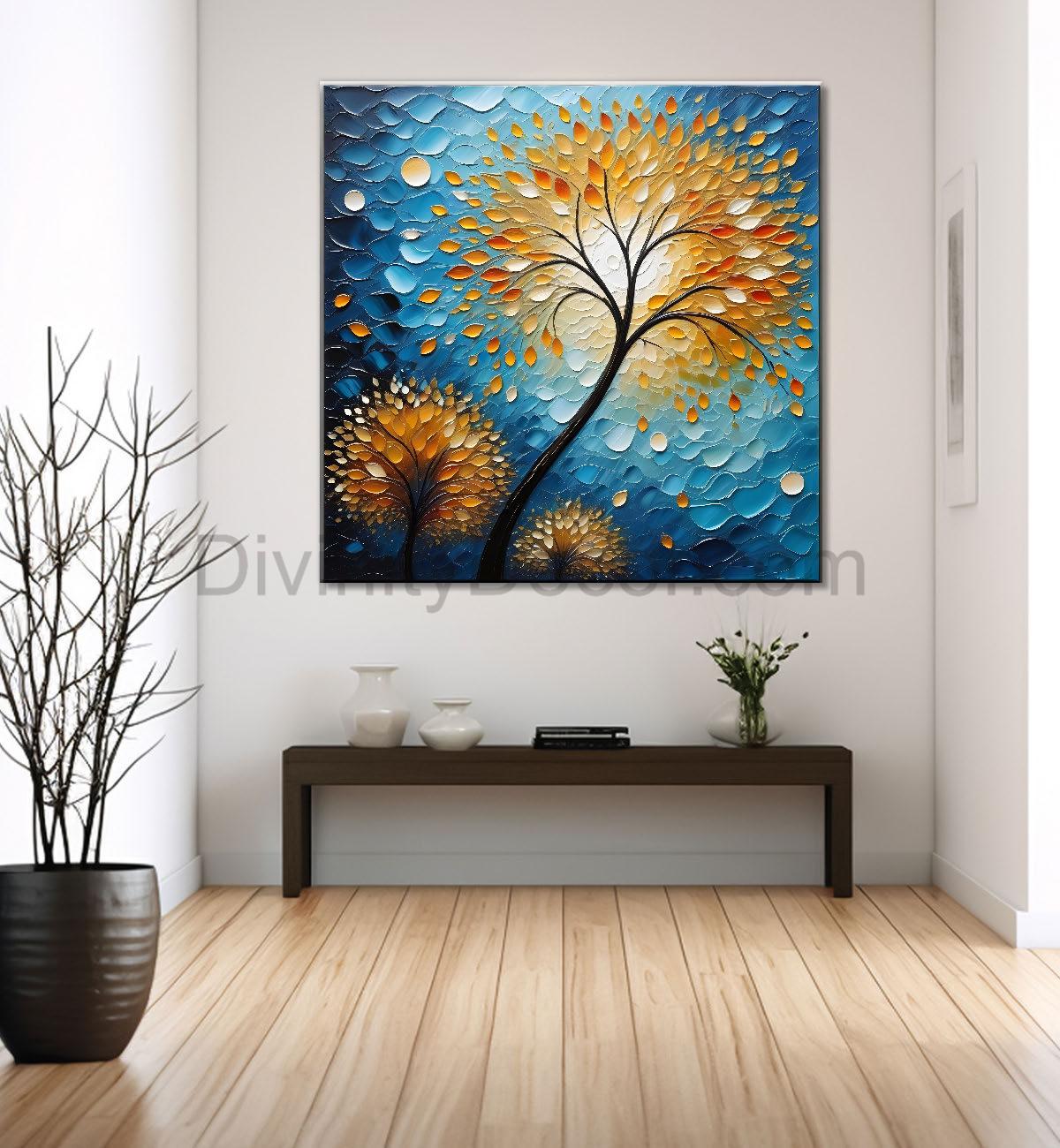 Golden tree with moon in dark green background natural art Canvas Painting 24X24- Nature Art -S-4