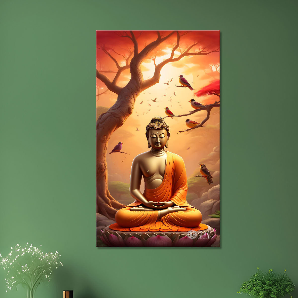 Golden buddha sitting on lotus with trees,peacock and orange background textured painting - Buddha-V-4