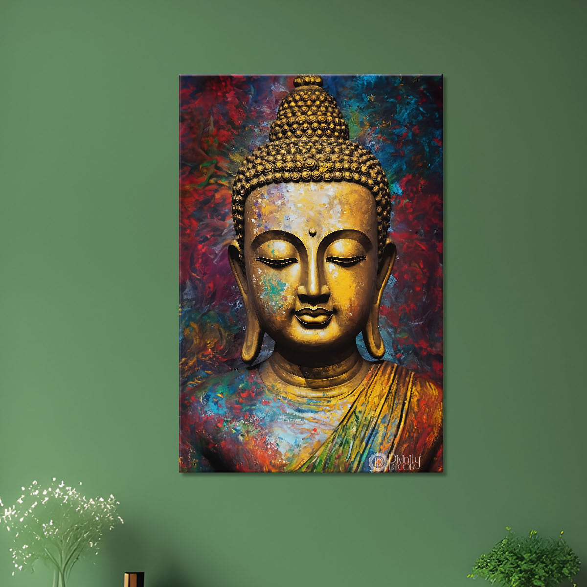 Golden buddha face with colourful background textured painting - Buddha-V-5