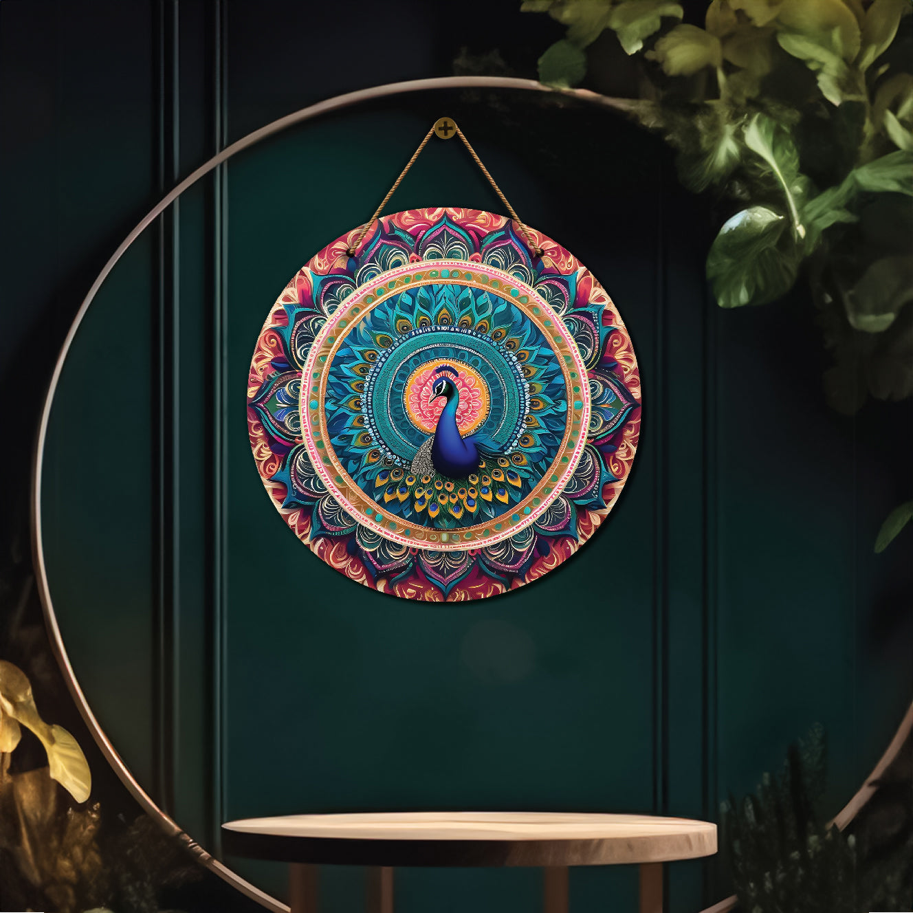 Peacock in green and pink mandala Round Wooden Wall Hanging for wall Décor - Design - 05