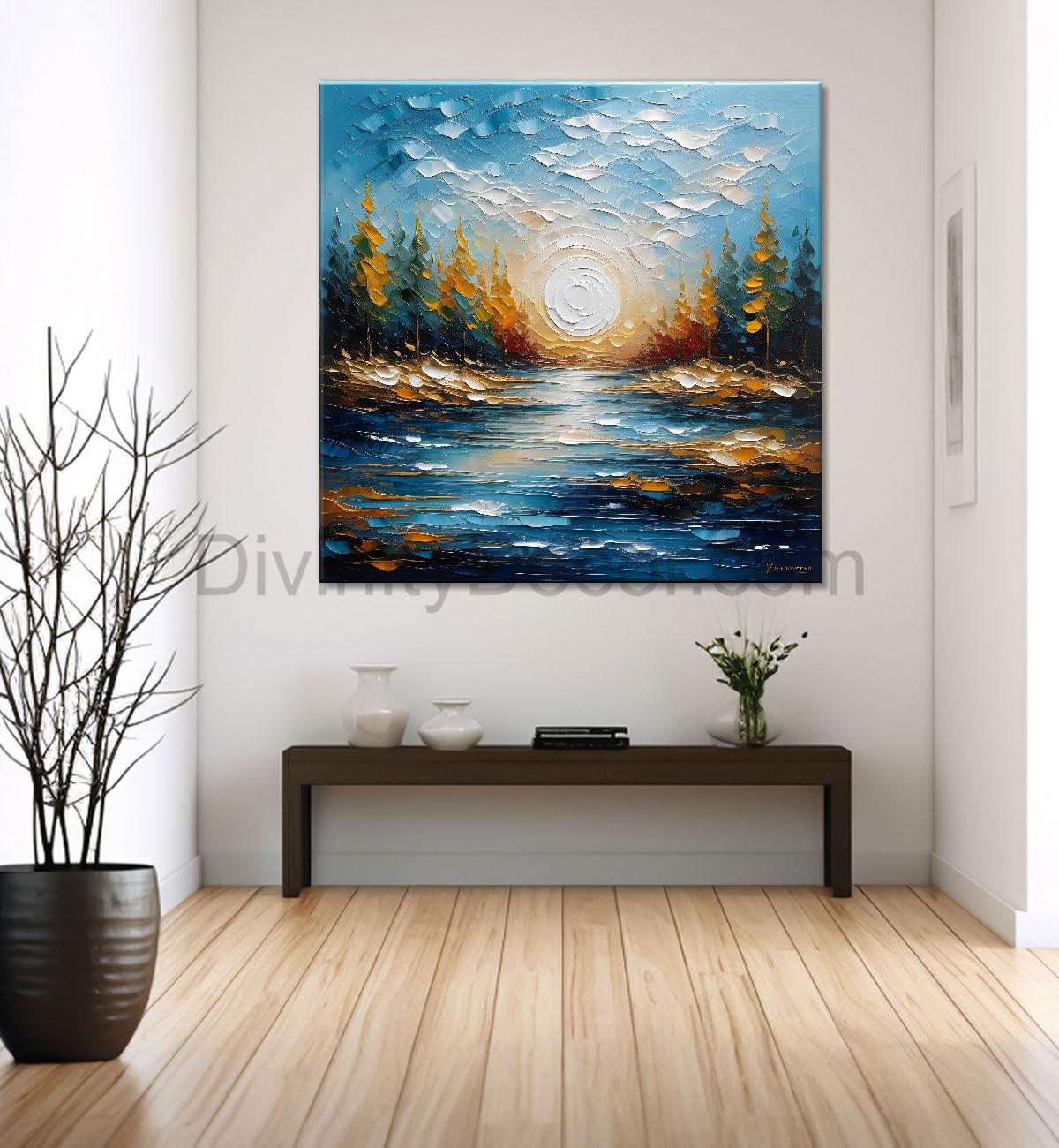 Sun with trees and river in colourful textured painting Canvas Painting 24X24 - Nature Art -S-6