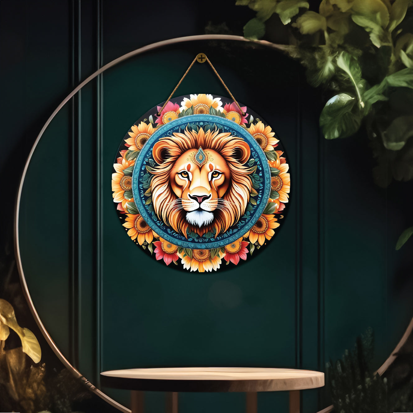Lion in floral mandala Round Wooden Wall Hanging for wall Décor - Design - 06