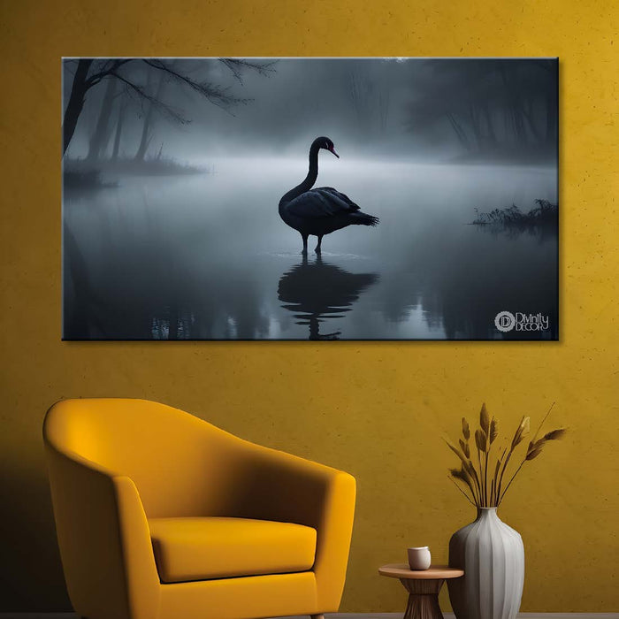 White Swan floating in a fog and trees textured art. - Design - Animal -7