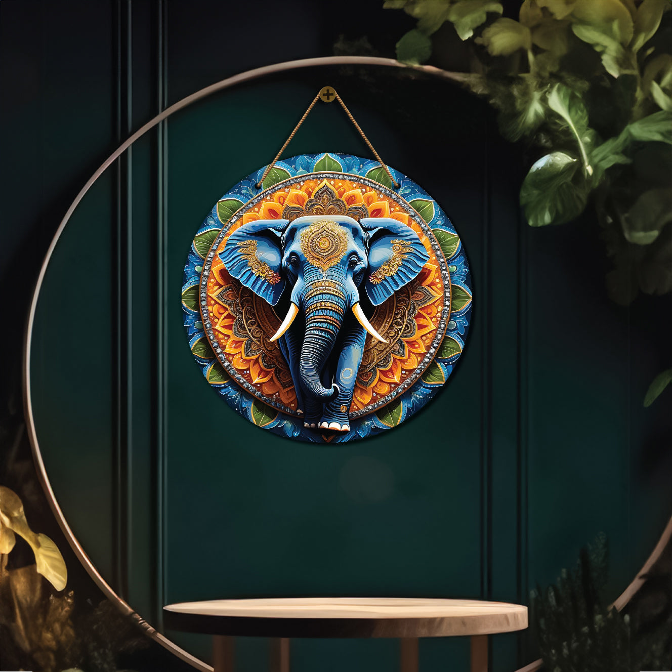Elephant in orange and blue mandala Round Wooden Wall Hanging for wall Décor - Design - 07