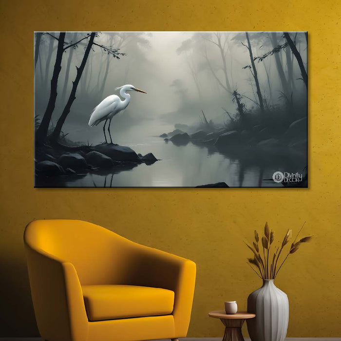 White Egret with lake and trees in a fog. - Design - Animal -8