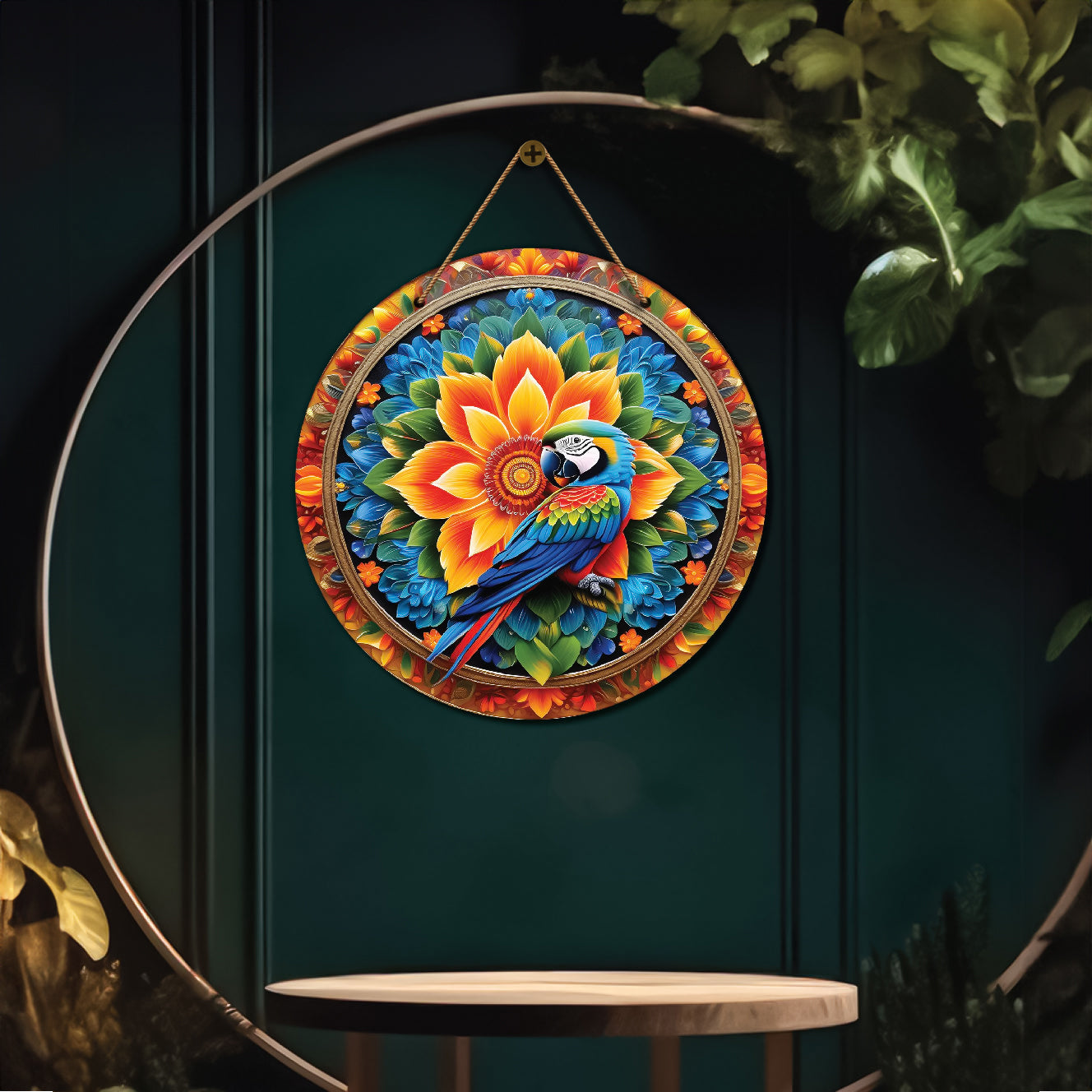 Parrot in colourful mandala Round Wooden Wall Hanging for wall Décor - Design - 08