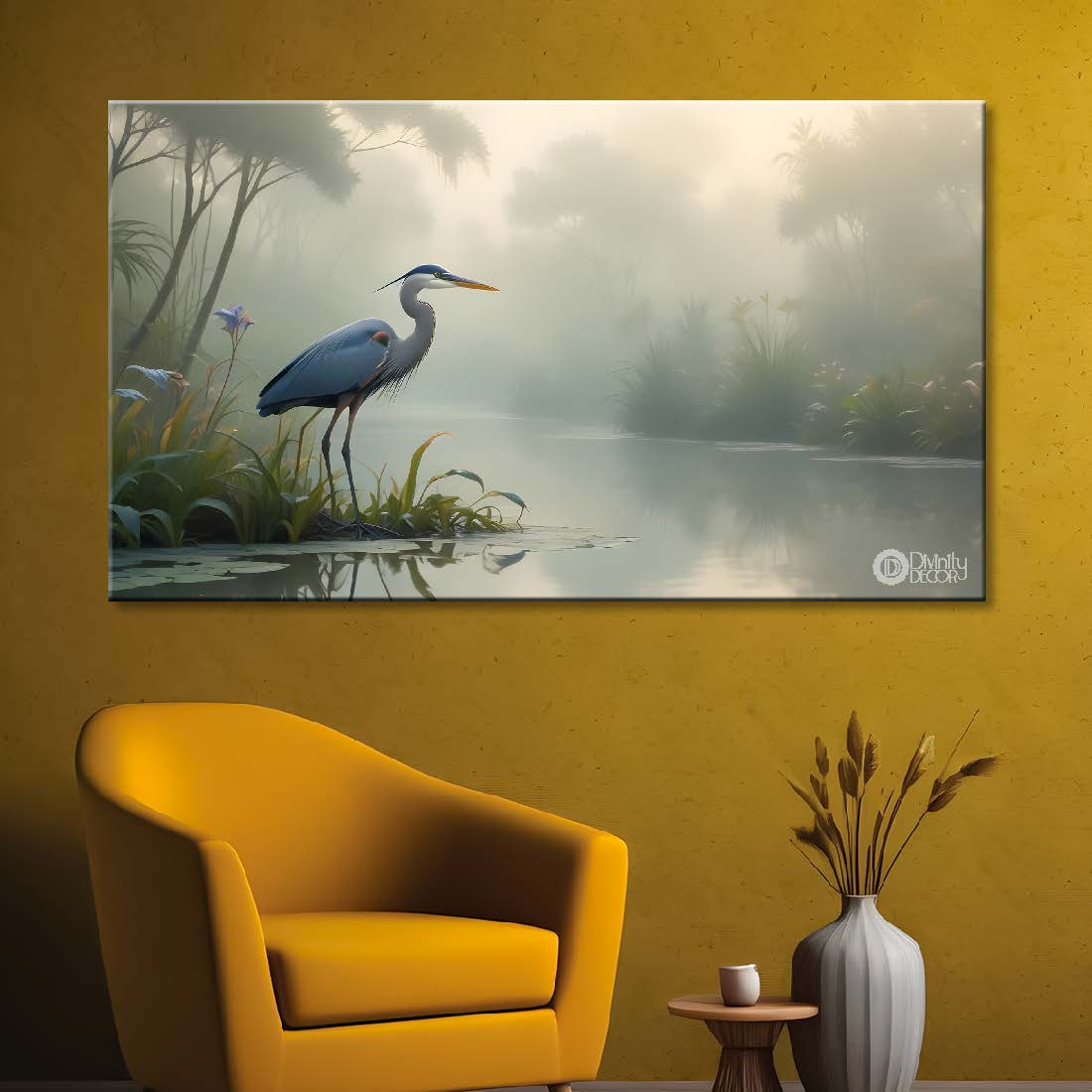 Blue Egret with lake and trees in a fog.- Design - Animal -9