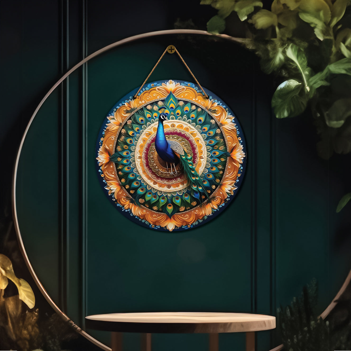 Peacock in orange and blue mandala Round Wooden Wall Hanging for wall Décor - Design - 09