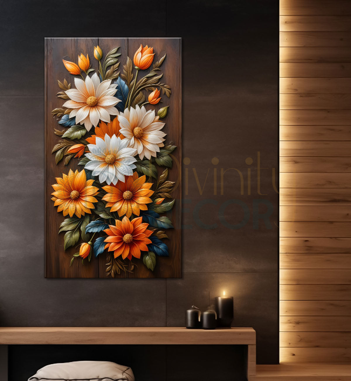 Colourful flowers in light brown textured painting- Flower-V-9