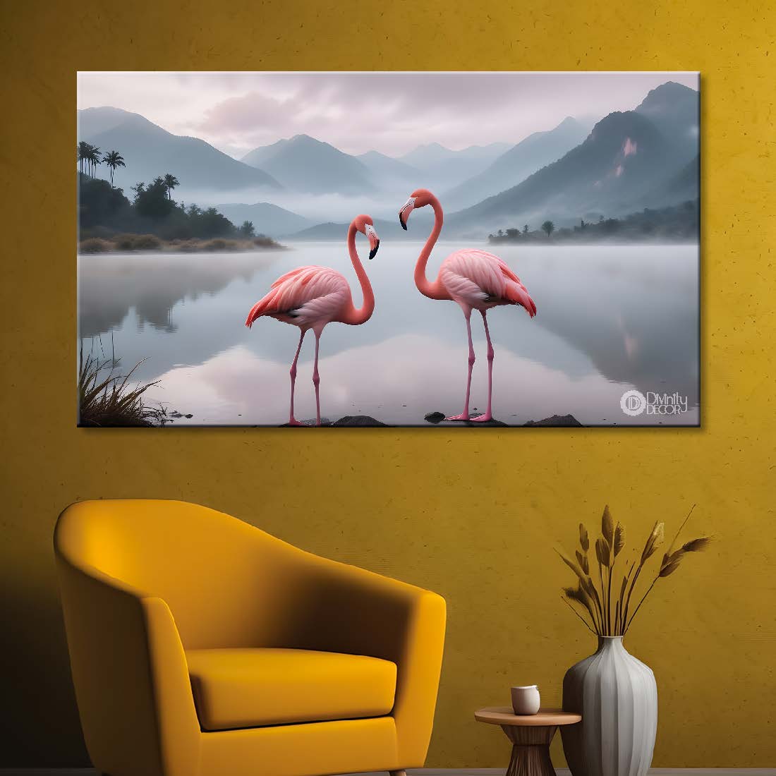 Two pink Flamingo with sea and mountains in pink background textured art.- Design - Animal -10