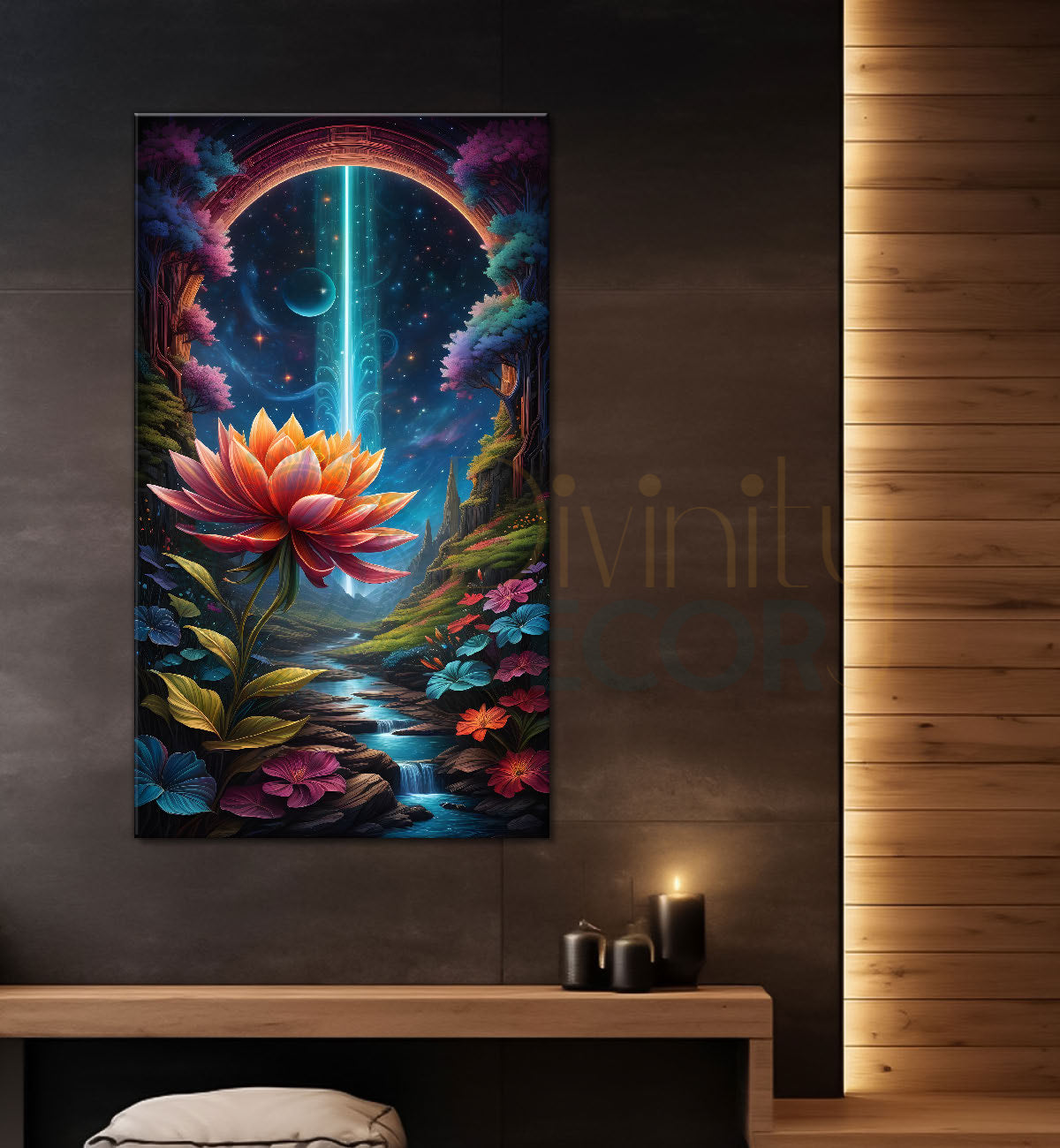 Lotus flower with cosmic ray in dark textured painting - Flower-V-10