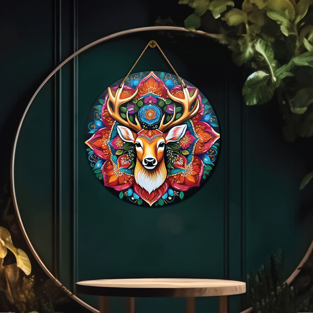 Deer in red and blue mandala Round Wooden Wall Hanging for wall Décor - Design - 10